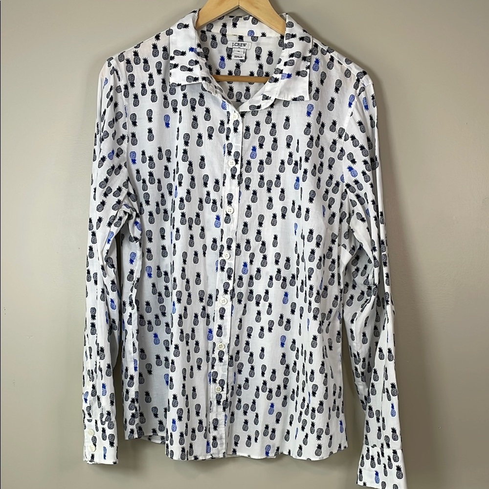J.CREW Pineapple Print Women’s XL Long Sleeve Button Down Cotton Shirt Preppy